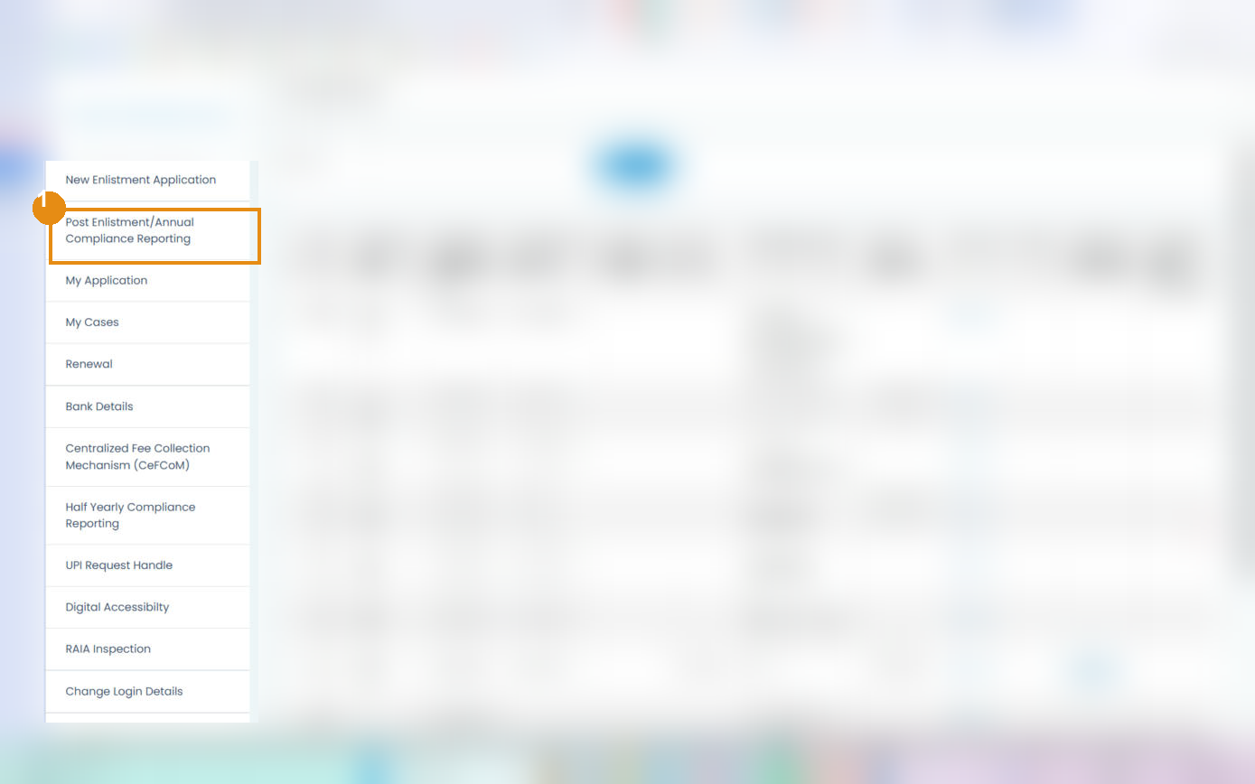 IARA portal left menu with 'Post Enlistment / Annual Compliance Reporting' highlighted; all personal data blurred