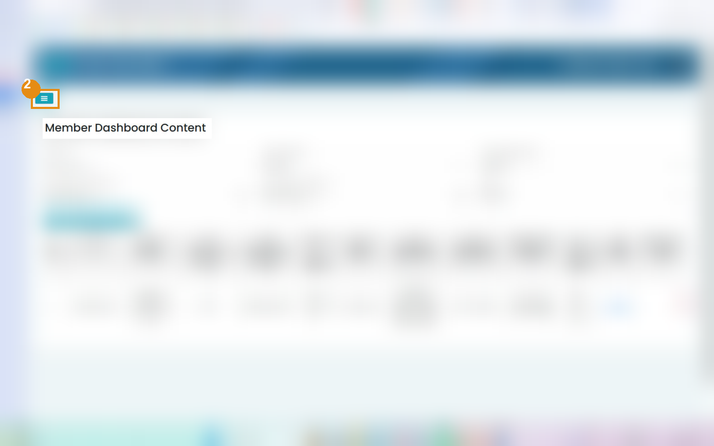 Member Dashboard with the three-line menu button highlighted; personal data blurred