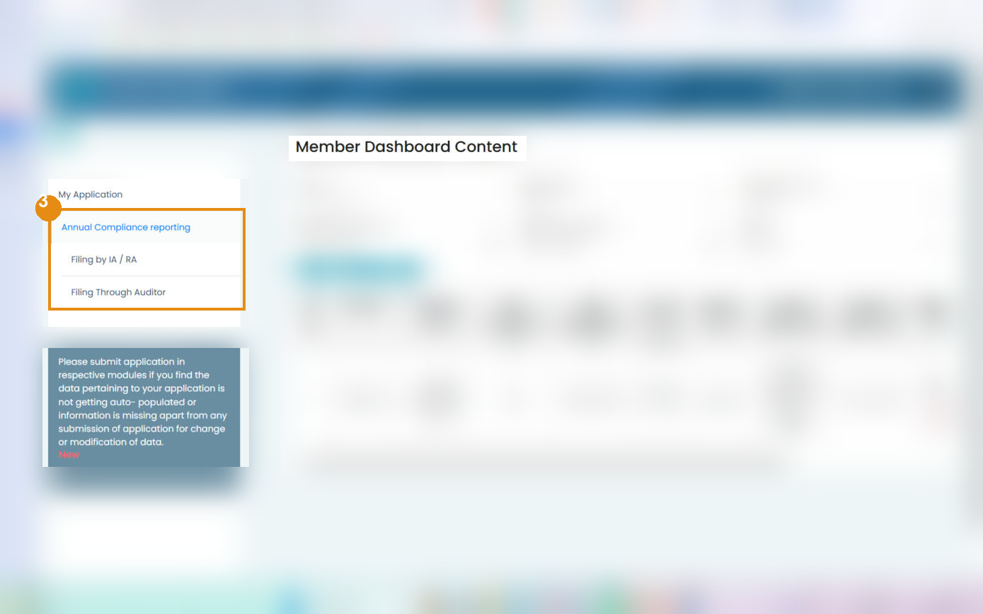Side panel with 'Annual Compliance reporting' highlighted; personal data blurred