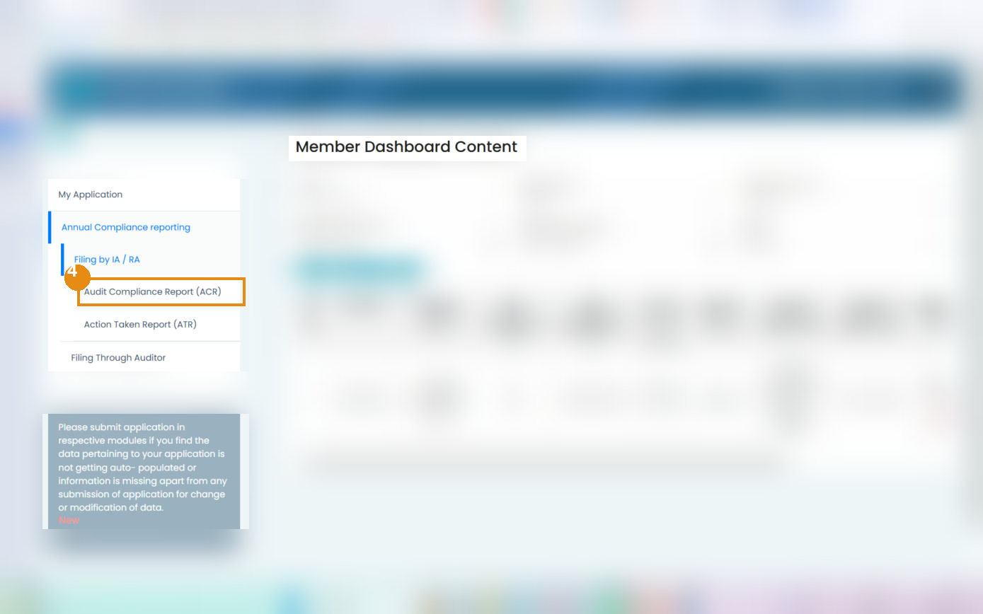 'Filing by IA / RA' expanded with 'Audit Compliance Report (ACR)' highlighted; personal data blurred