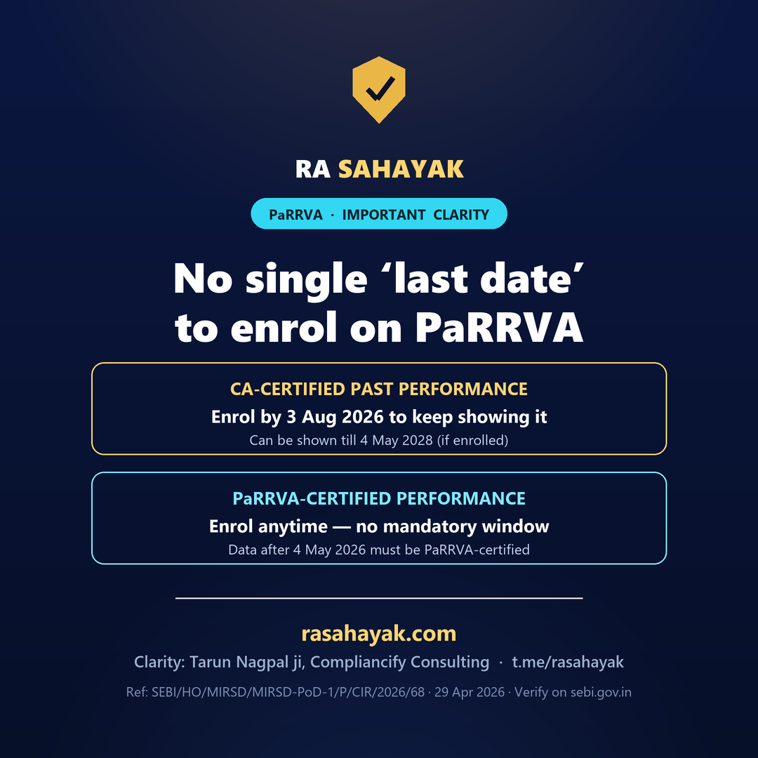 RA Sahayak — No single last date to enrol on PaRRVA. CA-certified past performance: enrol by 3 August 2026 (can be shown till 4 May 2028). PaRRVA-certified performance: enrol anytime. SEBI circular SEBI/HO/MIRSD/MIRSD-PoD-1/P/CIR/2026/68 dated 29 April 2026.