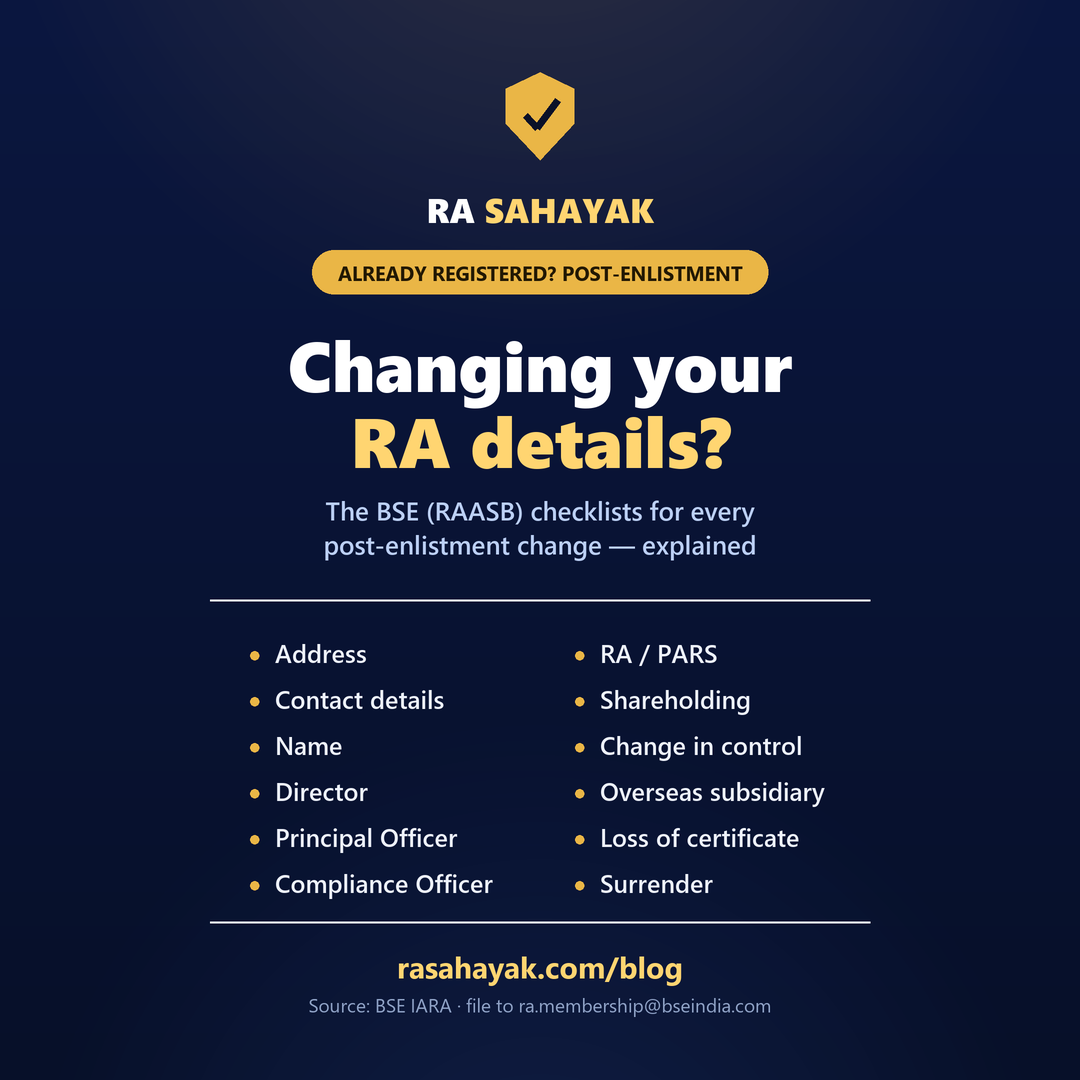 RA Sahayak — SEBI Research Analyst post-enlistment changes handled through BSE (RAASB): change of address, contact, name, director, principal officer, compliance officer, RA/PARS, shareholding, change in control, overseas subsidiary, loss of certificate and surrender. Submit checklists to ra.membership@bseindia.com.